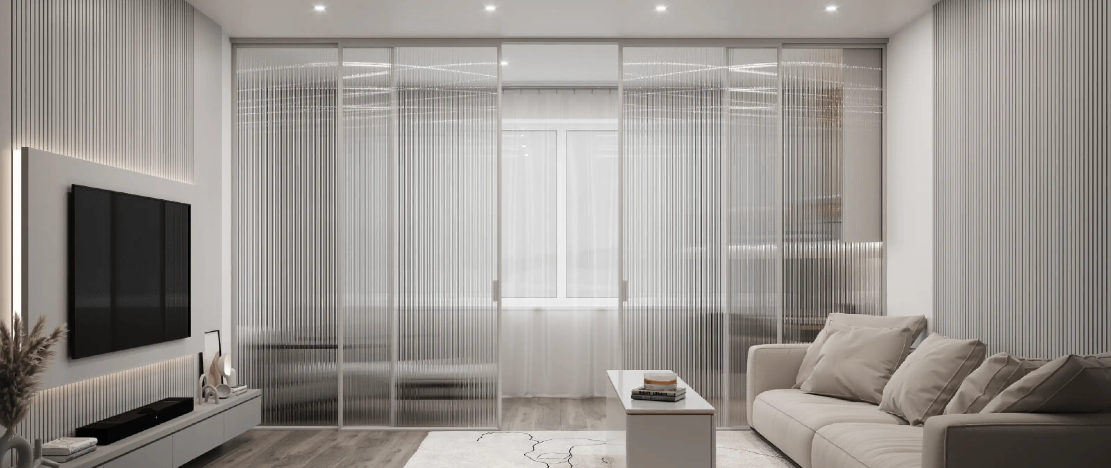 Раздвижная четырехстворчатая алюминиевая перегородка Grafia белого цвета с рифленым стеклом для зонирования гостиной и рабочего стола