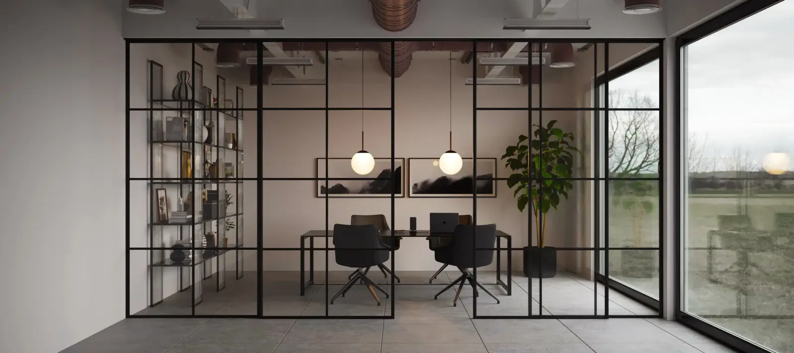 Четырехстворачатая прозрачная алюминиевая раздвижная перегородка Grafia или System в черном цвете для зонирования переговорной