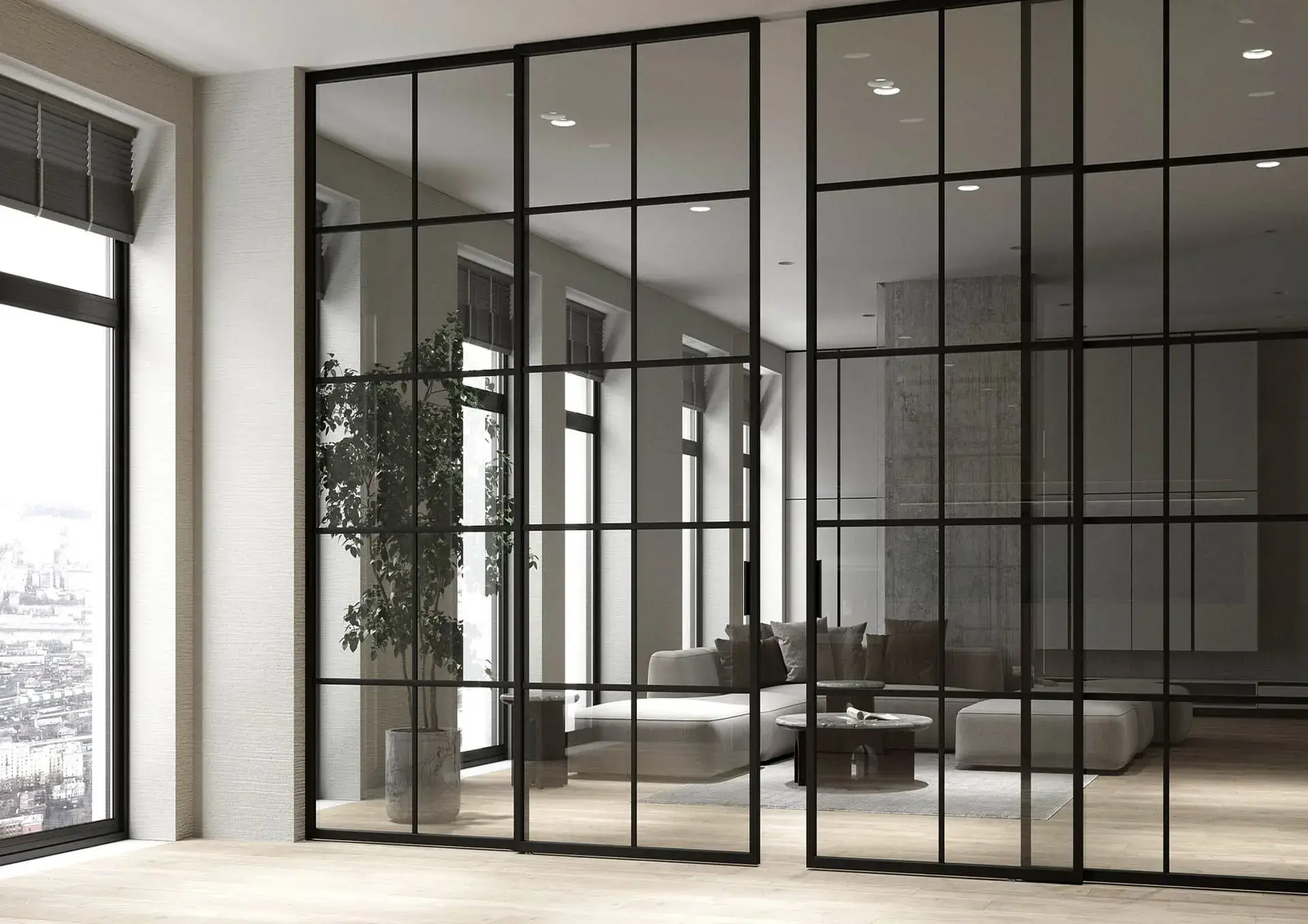 Четырехстворчатая алюминиевая межкомнатная перегородка Modula в черном цвете с прозрачным стеклом