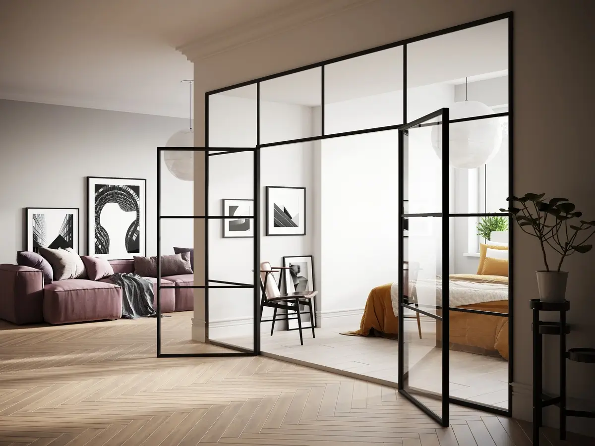 Распашная двухстворчатая межкомнатная алюминиевая перегородка System или Vella с прозрачным стеклом и фрамугами