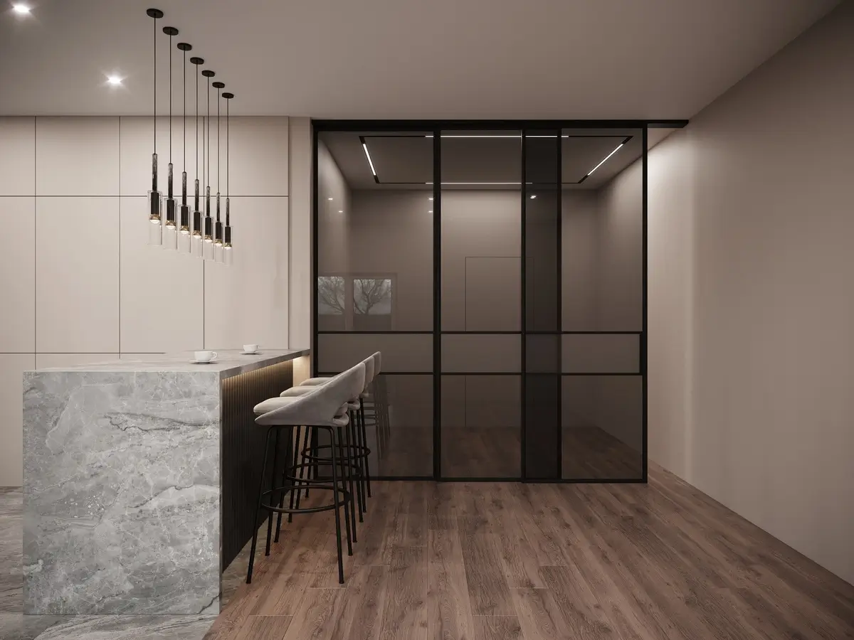 Раздвижная трехстворчатая перегородка Grafia с системой открывания каскад в черном цвете с прозрачным темным стеклом и матовыми вставками для зонирования кухни