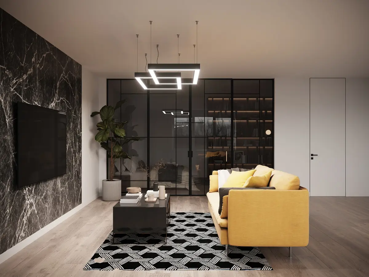 Раздвижная четырехстворчатая межкомнатная перегородка Grafia с прозрачным темным стеклом отделяет спальню от гостиной