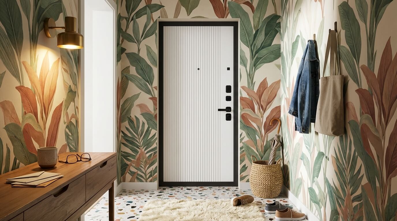 Входная дверь для квартиры МеталЮр 3К M95 белая с вертикальными полосами в современном стиле