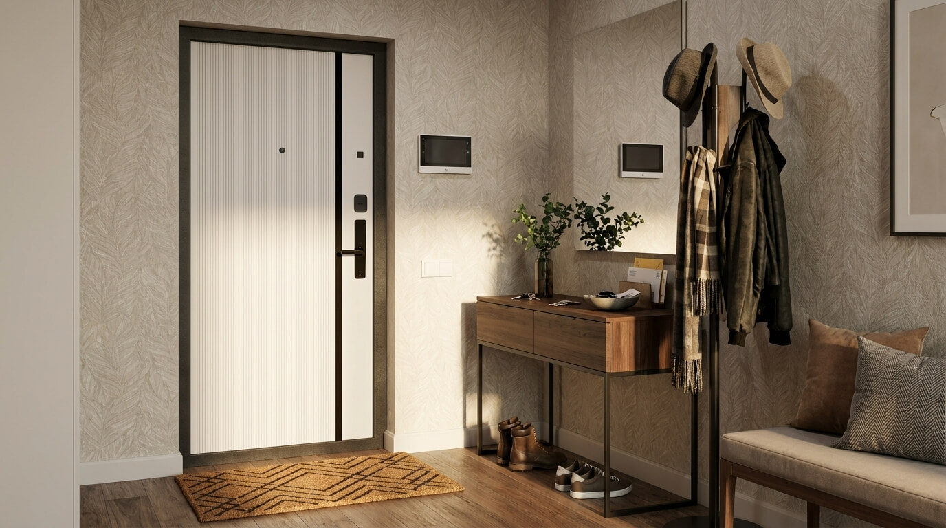 Входная дверь для квартиры МеталЮр 3К M9 бежевая с вертикальными полосами и электронным замком